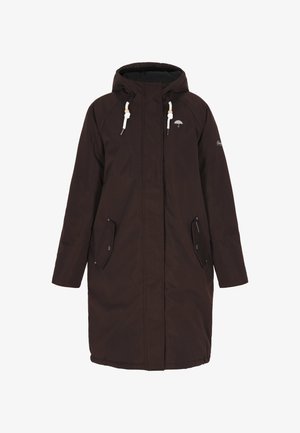 Smeđa dugački kaput s kapuljačom, s detaljima na vezanje, zatvoren na patentni zatvarač sprijeda i bočnim džepovima. Izrađen od vodootpornog materijala.