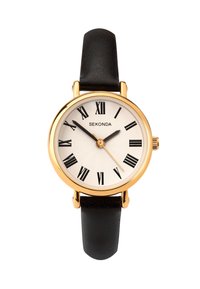 Montre ronde dorée avec un cadran texturé blanc, des chiffres romains noirs et un bracelet en cuir noir. Dispose d'une petite couronne pour régler l'heure.