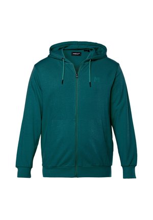 Sweat à capuche zippé pour homme de couleur vert sarcelle, avec poches avant, capuche à cordon et poignets et ourlet côtelés, présenté sur un fond blanc.
