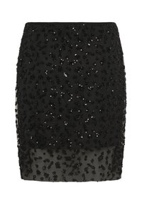 Jupe noire ornée de sequins avec une silhouette ajustée et un panneau inférieur transparent, affichant une surface texturée et une taille élastique.