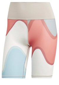 Rowerki o wysokim stanie w mieszance kolorów różowego, niebieskiego i kremowego, z falistymi wzorami. Gładki, elastyczny materiał z przeszywaną krawędzią.