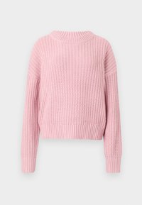 Różowy sweter dzianinowy z okrągłym dekoltem, luźny krój i długie rękawy. Wzór o fakturze oraz ribbowe mankiety i dół.