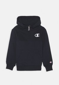 Tmavě modrá mikina na zip z měkké látky, s klokaní kapsou, logem na hrudi a žebrovanými manžetami a lemem.