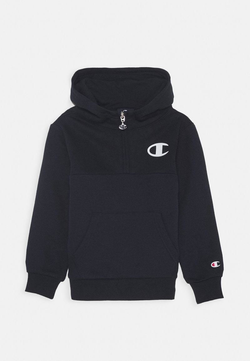 Tmavě modrá mikina na zip z měkké látky, s klokaní kapsou, logem na hrudi a žebrovanými manžetami a lemem.