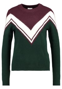 Maglione a maniche lunghe in maglia con base verde, motivo a zigzag bianco e borgogna sulle spalle e sul petto, scollatura a girocollo.