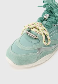 Ένα αθλητικό παπούτσι σε μέντα πράσινο χρώμα με σουέντ και πλεκτά υλικά, κορδόνια με πολύχρωμο μοτίβο και ασημί λογότυπο στη γλώσσα.