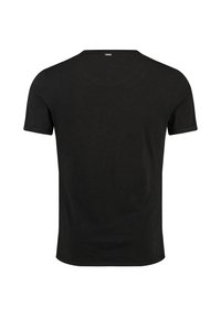 Zwarte korte mouwen t-shirt met een ronde hals, gemaakt van een gladde stof, met een eenvoudig ontwerp en zonder zichtbare logo's of patronen.