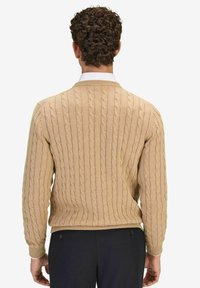Beige kabelgebreide trui met een ronde hals, geribbelde manchetten en een gestructureerd patroon. Gezicht van achteren, gecombineerd met donkere broeken.