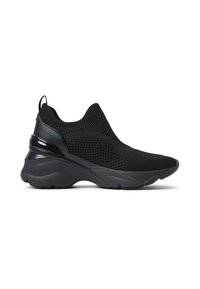 Black knitted sneaker with a sock-like upper, soft texture, cushioned sole, and shiny black accents on the heel for added support.