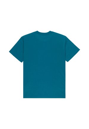 Unifarbenes kurzärmeliges T-Shirt in Türkis, von hinten vor weißem Hintergrund gezeigt.