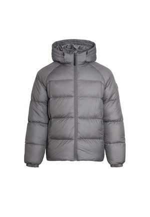 Casaco puffer cinza com capuz, apresentando um fecho de correr frontal, design acolchoado, punhos elásticos e uma textura de tecido suave.