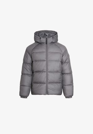Gray puffer jacket with a hood, featuring a front zipper, quilted design, elastic cuffs, and a smooth fabric texture.