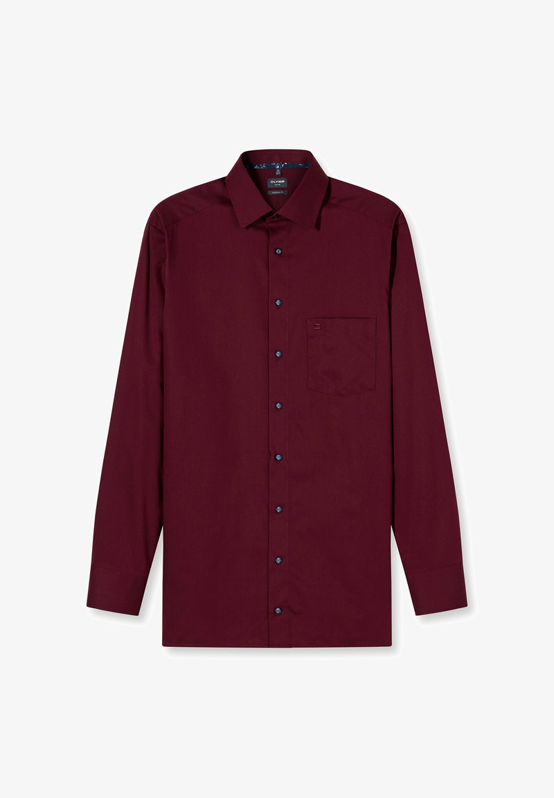 Bordeauxrotes Hemd mit langem Ärmel, Knopfleiste, spitzem Kragen und linke Brusttasche, flach auf weißem Hintergrund präsentiert.