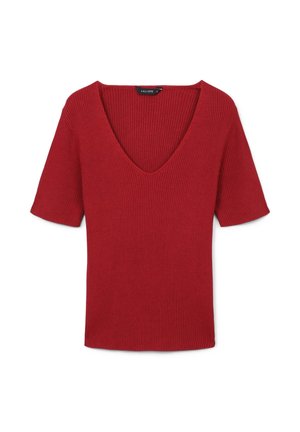 Rotes geripptes Kurzarmoberteil mit tiefem V-Ausschnitt. Hergestellt aus strukturiertem Material, mit einer taillierten Form und einem lässigen Stil, der sich gut zum Schichten eignet.