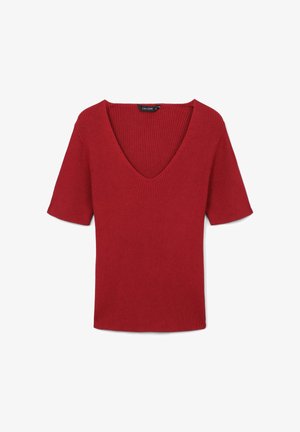 Rotes geripptes Kurzarmoberteil mit tiefem V-Ausschnitt. Hergestellt aus strukturiertem Material, mit einer taillierten Form und einem lässigen Stil, der sich gut zum Schichten eignet.