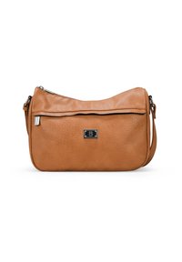 Bolso de hombro de cuero marrón claro con textura suave, correa ajustable única, bolsillo con cremallera en la parte frontal y detalle de logo en relieve en la parte delantera.