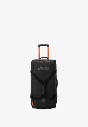Valise noire à roues avec une poignée rétractable orange. Comprend un logo, des sangles sur les côtés et une poche à fermeture éclair avec une couleur d'accent. Matériau durable.