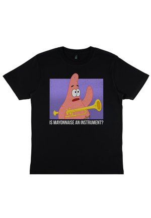 Black cotton t-shirt featuring a cartoon character holding a yellow trumpet against a purple background with the text “IS MAYONNAISE AN INSTRUMENT?”