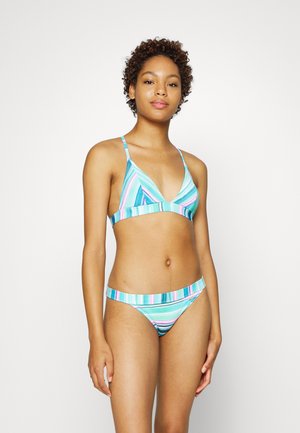 Gestreiftes Bikini-Set in Türkis, Pink und Weiß. Enthält ein dreieckiges Oberteil mit verstellbaren Trägern und einen niedrig sitzenden Bottom mit gefütterter Textur.