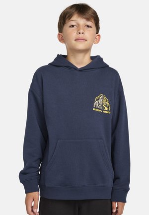 Hoodie bleu marine avec une poche avant, arborant un design graphique jaune sur la poitrine gauche. Mélange de coton, coupe classique, poignets côtelés.