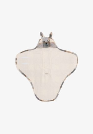 Zachte pluche babywikkel in crème met grijze accenten, voorzien van een capuchon met een lachend dierengezicht en oren. Gestructureerde stof met klittenbandsluitingen.