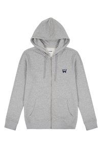 Szara rozpinana bluza z kapturem, wykonana z miękkiego materiału, z kangurzą kieszenią, kapturem ze sznurkiem i małym logo po lewej stronie klatki piersiowej.