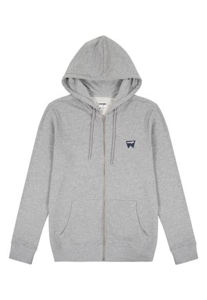 Szara rozpinana bluza z kapturem, wykonana z miękkiego materiału, z kangurzą kieszenią, kapturem ze sznurkiem i małym logo po lewej stronie klatki piersiowej.