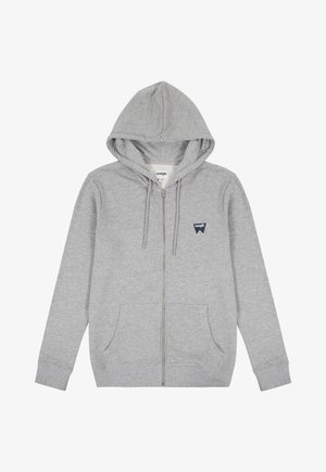 Szara rozpinana bluza z kapturem, wykonana z miękkiego materiału, z kangurzą kieszenią, kapturem ze sznurkiem i małym logo po lewej stronie klatki piersiowej.