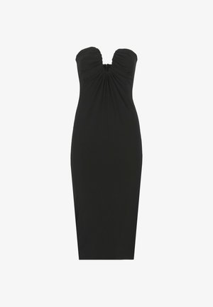 Abito nero senza spalline con un corpetto arricciato e una silhouette aderente fino al ginocchio. Tessuto liscio e dettagli di arricciatura sottili al centro.