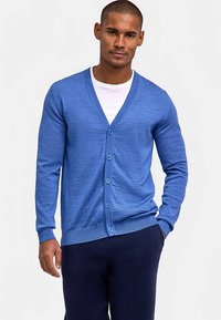 Blauer Cardigan mit V-Ausschnitt, ausgestattet mit sechs Knöpfen, gerippten Bündchen und Saum. Getragen über einem weißen Hemd, kombiniert mit dunkler Hose.