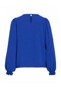 Blusa blu con maniche lunghe a sbuffo e polsini arricciati. Presenta un'apertura a goccia sulla schiena e un tessuto strutturato.