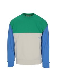 Farbblockiertes Sweatshirt mit grünen, blauen und grauen Panels. Lange Ärmel, Rundhalsausschnitt und gerippte Bündchen mit strukturierter Oberfläche.