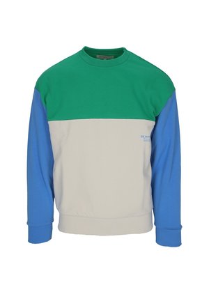 Color-blocked sweatshirt featuring green, blue, and gray panels. Long sleeves, crew neck, and ribbed cuffs with a textured finish.