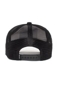 Black mesh snapback hat with a curved visor, adjustable plastic strap, and logo detail on the side. Features a breathable design.