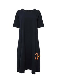 Black short-sleeve dress with a loose, A-line shape, featuring an orange graphic detail on the bottom right and a round neckline.