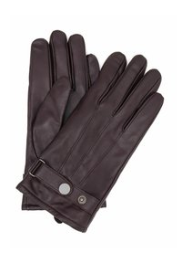 Brązowe skórzane rękawiczki o eleganckim designie, z czterema palcami, dopasowane, z paskiem zapinanym na srebrny zatrzask przy nadgarstku.