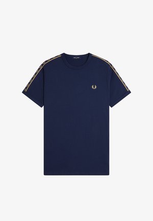Marineblå T-shirt med korte ærmer, med guld laurbær-logo på brystet og guld laurbærstribet tape langs skuldre og ærmer.