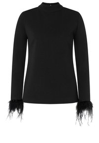 Schwarzes Langarmoberteil mit Mockneck; verfügt über gefiederte Akzente an den Bündchen; glattes Material mit figurbetonter Silhouette.