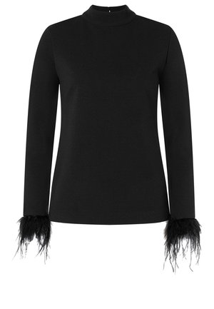 Zwarte top met lange mouwen en een hoge kraag; voorzien van veeraccenten bij de manchetten; gladde stof met een aansluitende pasvorm.