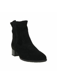 Stivale alla caviglia in suede nero con tacco a blocco, caratterizzato da una punta arrotondata e cuciture decorative sul lato. Texture liscia e design minimale.