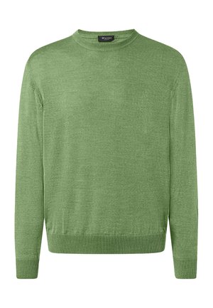 Groene trui met lange mouwen en ronde hals, met geribde manchetten en zoom, gemaakt van gebreide stof, merk Maerz.