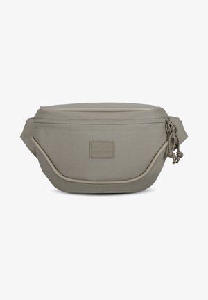 Hellgraue Stoff-Gürteltasche mit vorderer Reißverschlusstasche, Hauptreißverschluss oben und mittig angebrachter Markenpatch vorne.