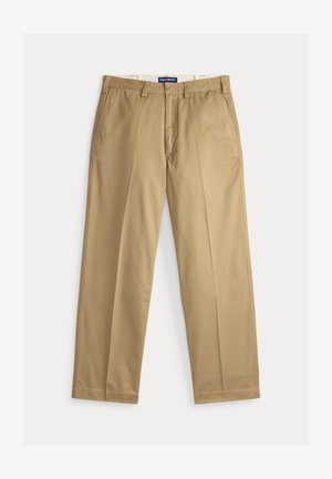 Beige chinos laget av bomullsstoff. Rett ben-design med flat front, to sidelommer og en linning med knappelukking.