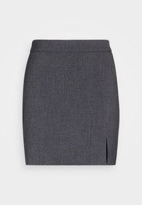 Jupe crayon gris foncé en tissu texturé, avec une coupe droite et une fente sur le côté. Conception de taille simple sans embellissements supplémentaires.