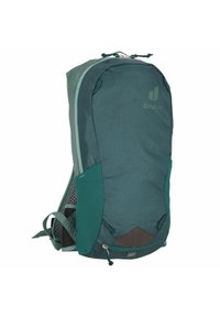 Green and dark teal backpack with a textured finish, mesh back panel, zippered compartments, and a triangular base. Adjustable straps.
