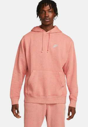 Pink hoodie with a textured flecked design, featuring a front pouch pocket and drawstring hood. Includes a small white logo on the chest.