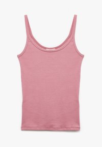 Roze geribde tanktop met dunne bandjes, ronde halslijn en een aansluitend ontwerp. Gladde textuur en naadloze randen.