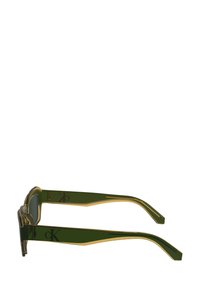 Grüne Sonnenbrille mit einem transparenten olivfarbenen Rahmen und goldenen Akzenten, ausgestattet mit einem robusten Design und gebogenen Bügeln.
