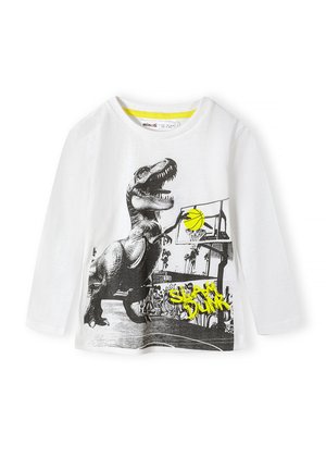 Valge pika varrukaga T-särk, millel on must dinozauri graafika, särav kollane korvpall ja "SLAM DUNK" tekst neoonkollases värvitoonis.