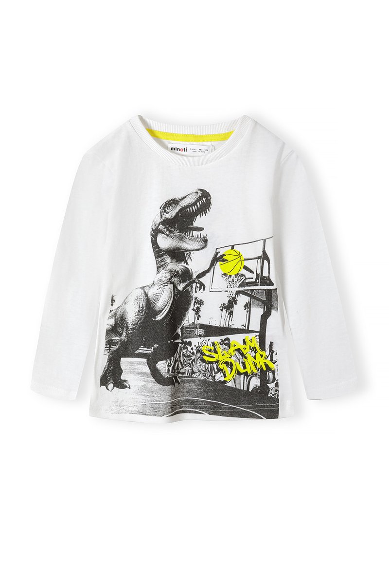 Hvid langærmet t-shirt med et sort dinosaurgrafik, en lys gul basketball og teksten "SLAM DUNK" i neon gul.